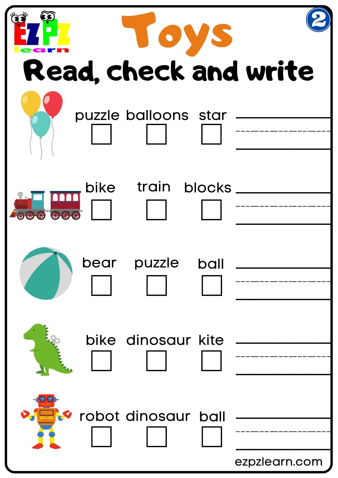 Group 2 Toys Vocabulary Read and Match Worksheet for K5 and ESL PDF Download